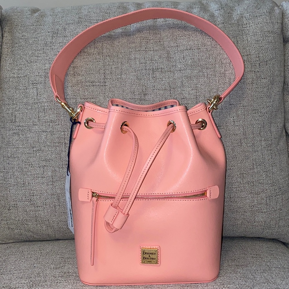 Dooney & Bourke Coral Pink Leather Drawstring Bucket Bag